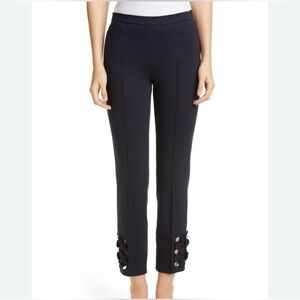AKRIS PUNTO NAVY BLUE DOT APPLIQUÉ PONTE KNIT TAPERED LEG PANTS SIDE ZIP SZ 6